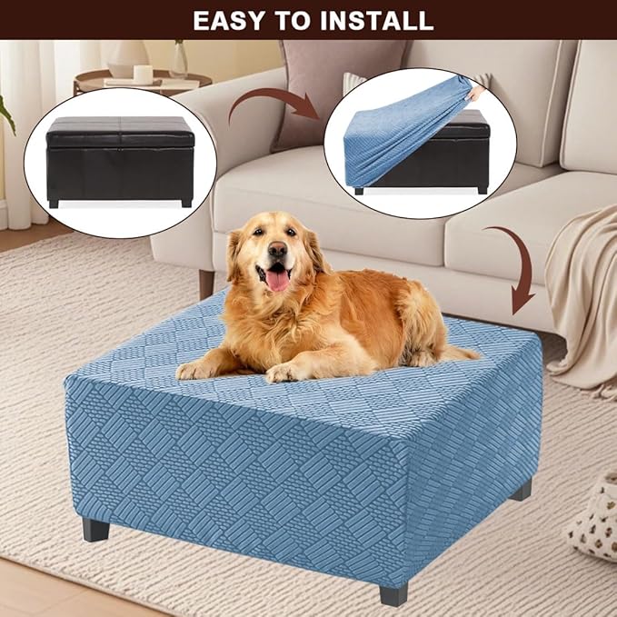 Square Ottoman Cover Large Stretch Storage Ottoman Bench Covers Slipcovers Cube Jacquard Covers for Square Ottomans Coffee Table Footrest Stool Cover with Elastic Bottom L Blue