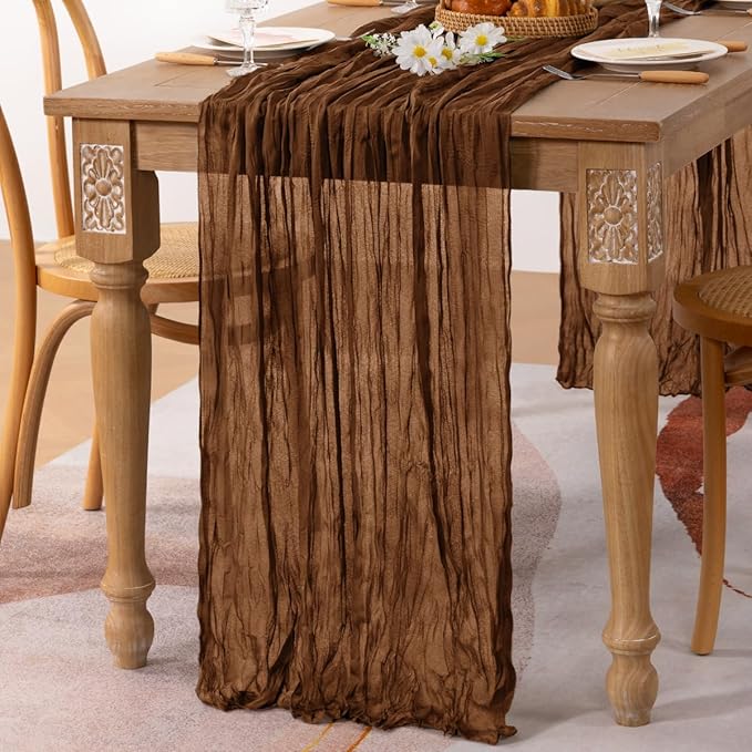MLMC 3 Pack Brown Table Runner 10ft Boho Rustic Gauze Coffee Cheesecloth Table Runner Neutral Cheese Cloth Table Decor 35x120 Inches for Wedding Bridal Shower Reception Party Decor