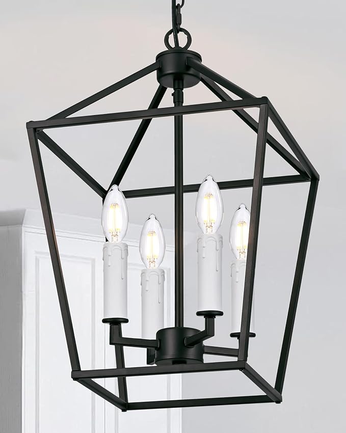 MELUCEE 12-inch Black Cage Chandelier 4-Light Farmhouse Lantern Pendant Light Openwork Cage Hanging Light Fixtures Ceiling with White Candle-Shaped Lamp Holder for Kitchen Island, Dining Room, Foyer