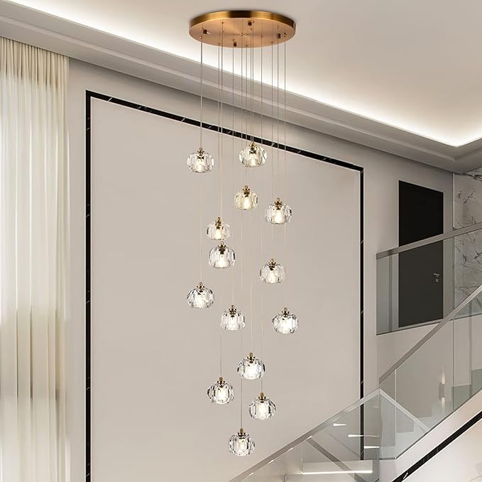 14-Light Crystal Chandeliers, 42W Raindrop Pendant Light Chandelier Large, Brass High Ceiling Chandelier Pendant Lighting with Clear Cut Crystal for Staircase Foyer Living Room