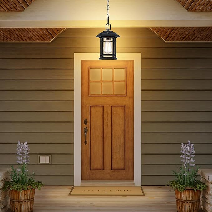 10.25'' Porch Pendant Lights - Dusk to Dawn Black Exterior Hanging Lanterns, Farmhouse Outdoor Ceiling Light Fixture, Waterproof Tempered Seed Glass Chandelier 1Pack