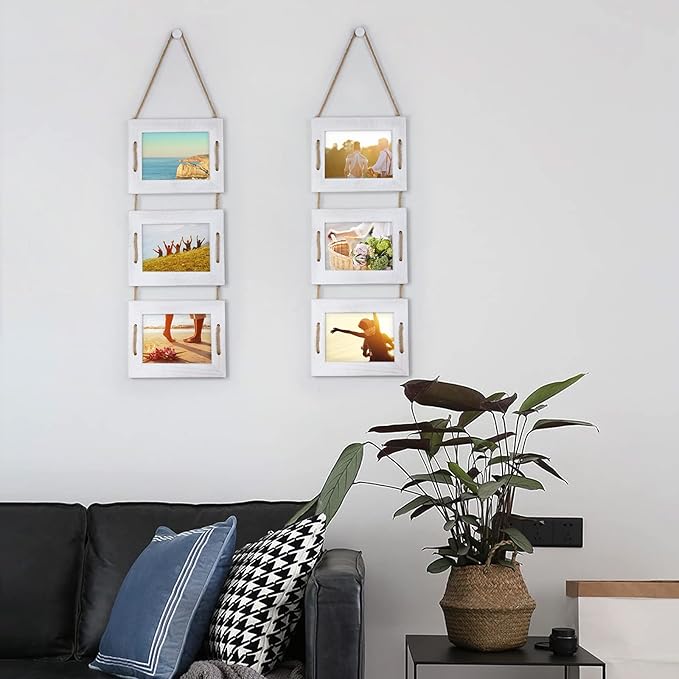 DLQuarts 5x7 Hanging Picture Frames Collage Wall Decor, 3-Frame Set, 3.5x5 with Mat or 5x7 Without Mat, Rustic Solid Wood Photo Frame Pack of 2 Vintage White