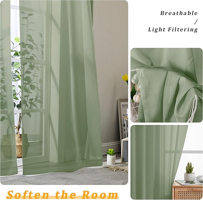 Gwine Sage Green Sheer Curtains 72 Inches Long 2 Panels Set for Front Door, Light Filtering Sheer Curtains for Living Room, Lightweight Rod Pocket Window Treatments Drapes, Each 42" Wx72 L