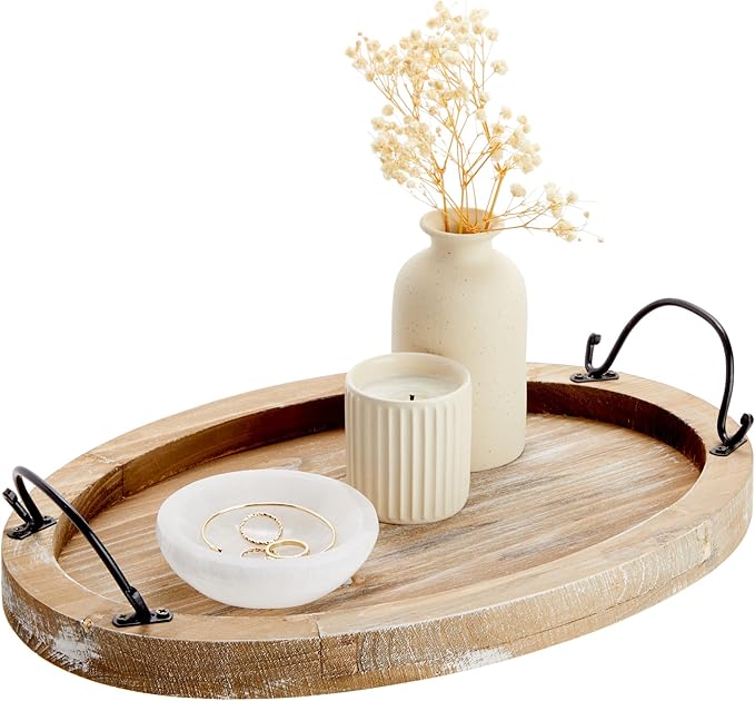 Farmlyn Creek Serving Tray for Coffee Table Decor - 15.8" x 10.8" x 1.3", Oval, Wood Color, Rustic - Decorative Wooden Tray with Handles - Farmhouse Table Decor