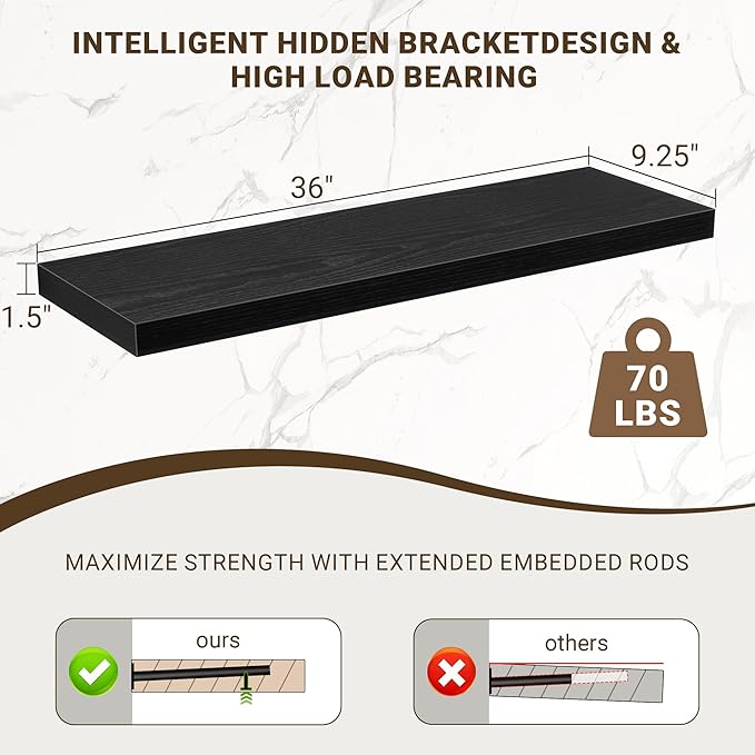36 Inch Floating Shelves, 36"x9.25"x1.5" Inch Deep Floating Shelves for Wall, Wooden Shelves for Bathroom, Bedroom, Living Room, Black, 2 Pieces