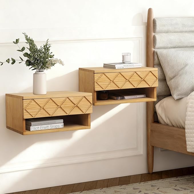 Floating Nightstand, Wall Mounted Bedside Bedroom with Drawer Nightstand, Small Floating Shelves, Floating Wood Bedside Table for Living Room Bathroom Natural 16”x 10”x 8”