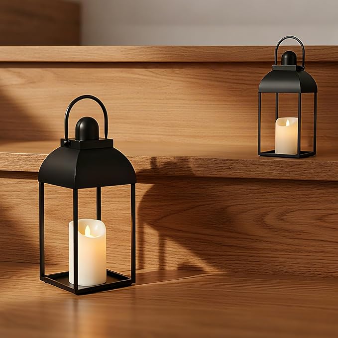 Lanterns Decorative Indoor Outdoor 15" 11" Set of 2 Lantern Decor Black Metal Candle Lanterns with Flameless Candles, Outdoor Lanterns for Porch Patio Wedding Mantle Home Decor
