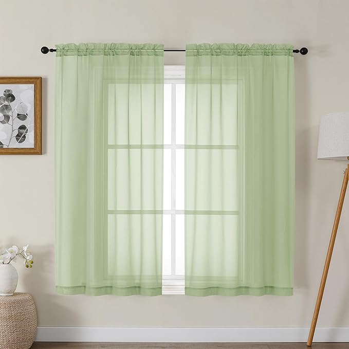 Gwine Light Green Sheer Curtains for Living Room 45 inches Long, Short Voile Light Filtering Window Treatments Sheer Curtains for Bedroom, Half Window Drapes with Rod Pocket, Each 42" Wx45 L