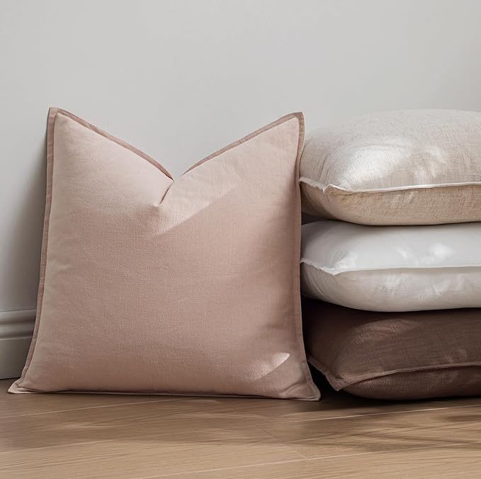 EMEMA Throw Pillow Covers Decorative Linen Pillow Covers 18x18 Inch Pink Boho Farmhouse Neutral Couch Throw Pillows for Bed Pack of 2 Accent Pillowcase Modern Sofa Cushion Livingroom Home