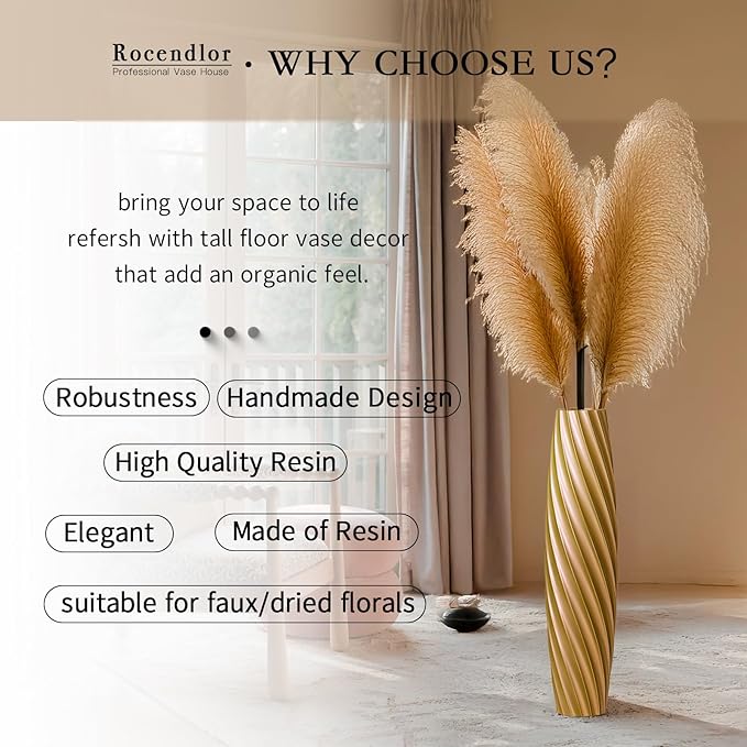 Tall Floor Vase, 23.6 inches Tall Vases Sturdy, Luxury, Textured for Decorative Branches Dried Flowers, Floor Vase for Rustic, Living Room, Shelf Decor (Gold)