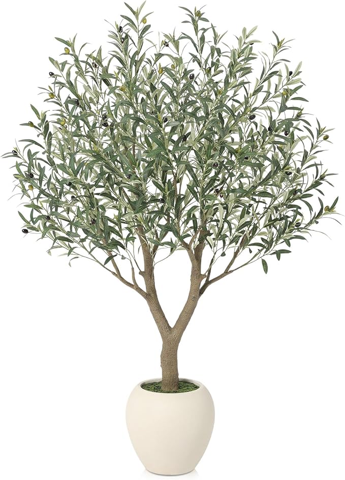 Olive Trees Artificial Indoor,5Ft Large Faux Plants,Tall Fake Tree with 12in White Round Planter,Full & Lush Faux Olive Tree for Home Decor Living Room, Office or Bedroom,Housewarming