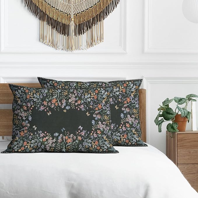 Floral Pillow Protectors with Zipper Standard Size Boho Colorful Wildflowers Pillow Covers Set of 2 Moody Black King Size Pillowcases Rustic Butterfly Farmhouse Bedding Decorative 36"x20"