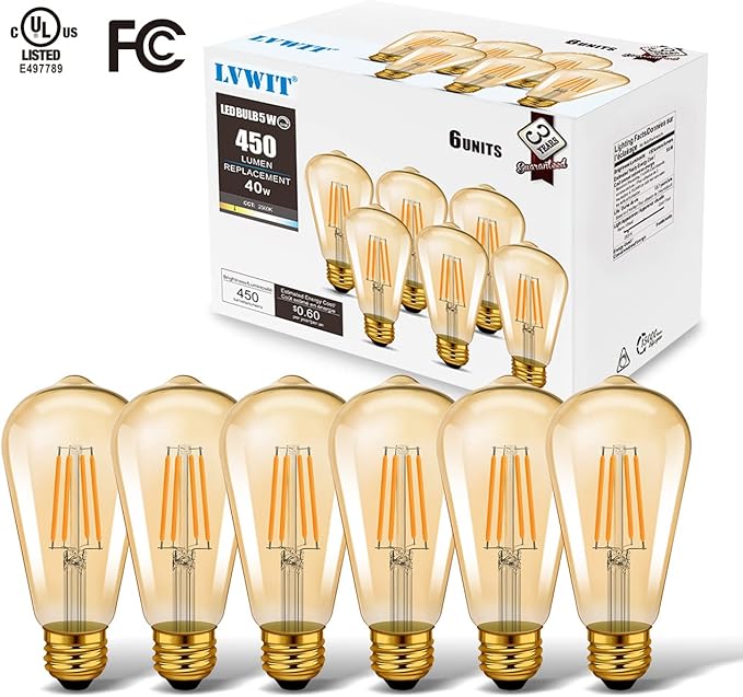 LVWIT Vintage Edison Light Bulb ST21 LED Filament Bulb 5.5W(40 Watt Equivalent) Dimmable 2500K (Amber Glow) Warm White E26 Medium Base, Amber Glass Cover,6 Pack