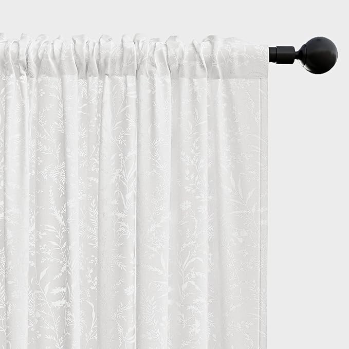 Anmao White Semi Sheer Light Filtering Curtains 102 Inches Long 2 Panels, Leaf Pattern Drapes for Living Room Bedroom, Rod Pocket Sheer Window Treatments with Floral Design, 52x102 Inch