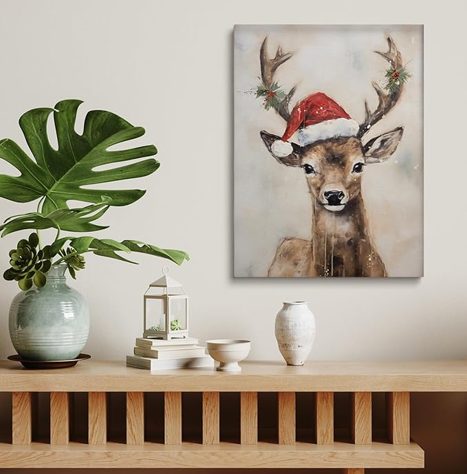 Christmas Reindeer Wall Art-Reindeer In Santa Hat Poster,Deer Painting,Christmas Reindeer Poster, Reindeer Still Life Painting, Vintage Holiday Art, Winter Farmhouse Decor24x36inch Unframed