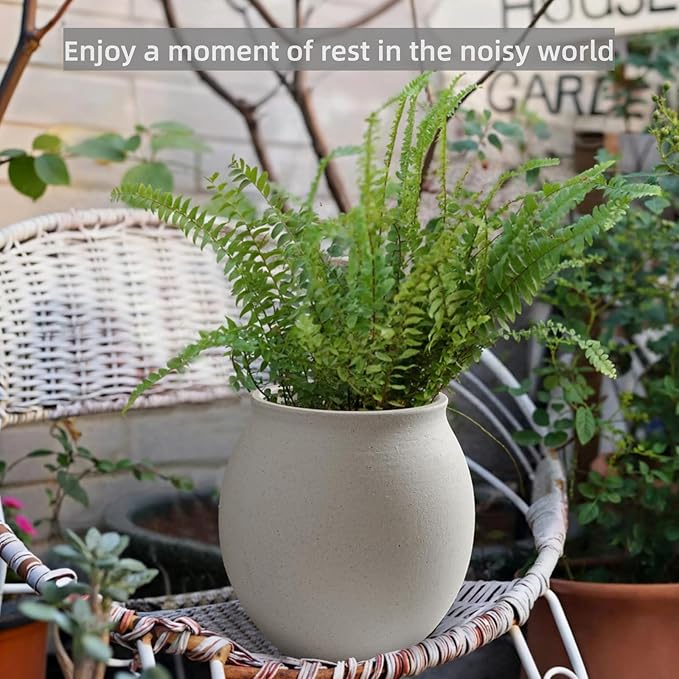 Large White Ceramic Vase, Wide-mouthed Round Planter with Drainage Hole, 9.7 Inch Tall, Minimalist Home Decor for Indoor Plants, Flowers, Table, Shelf,Floor, Living Room, Wedding (Sandstone White)