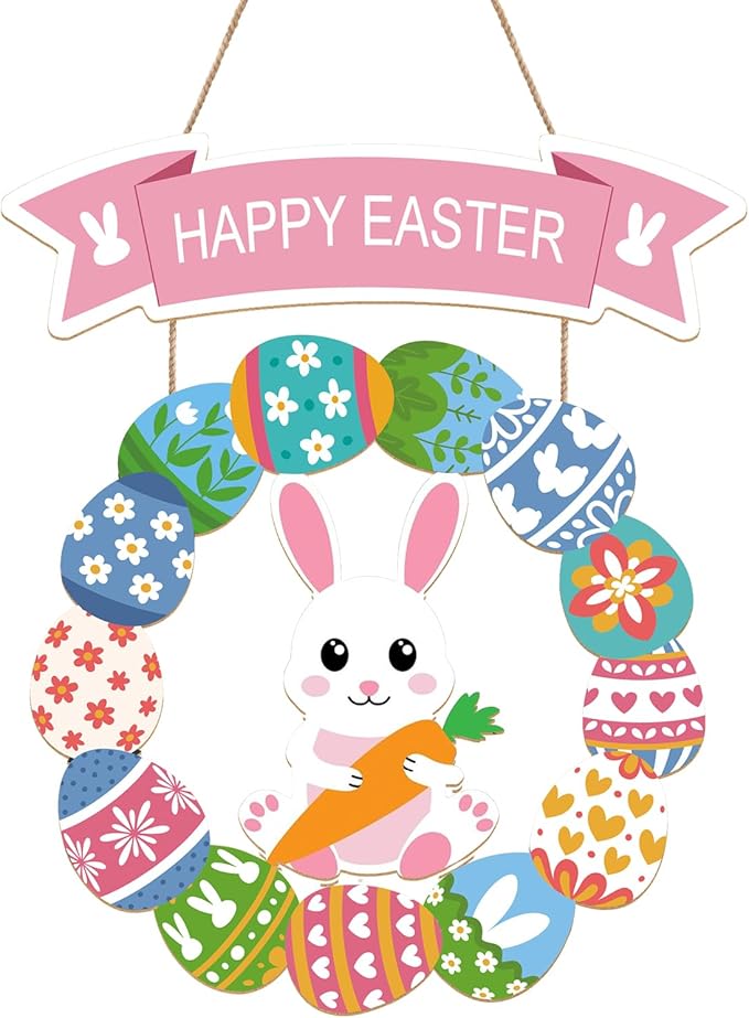 Easter Decorations for Front Door, Wooden Hanging Bunny Egg Wreath, Happy Easter Porch Welcome Sign for Home Wall Spring Party Housewarming Gift(Easter Bunny)