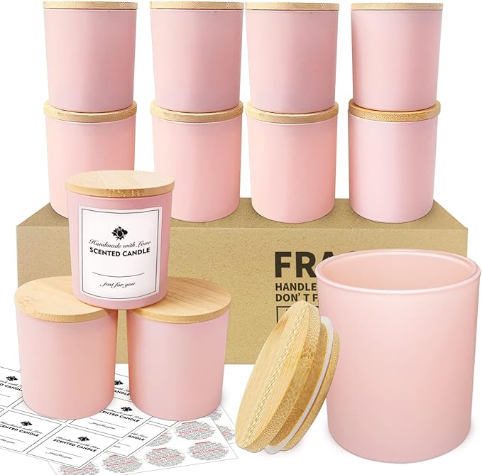 SUPMIND 12 Pack 10oz Pink Glass Candle Jars for Making Candles with Bamboo Lids Sticky Labels Warning Labels for Making Candles Empty Containers - Dishwasher Safe