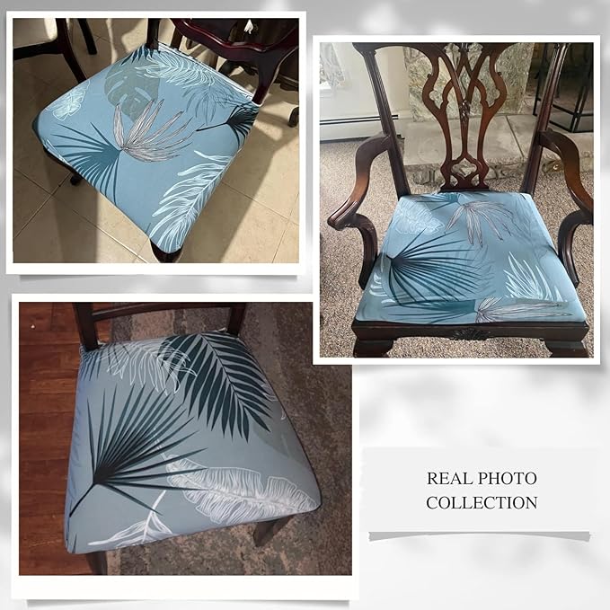 SearchI Stretch Dining Chair Seat Covers Set of 6, Soft Removable Washable Seat Covers for Dining Chairs, Dining Room Seat Cover Slipcover Protector (Rear-Covered, Blue Foliage)
