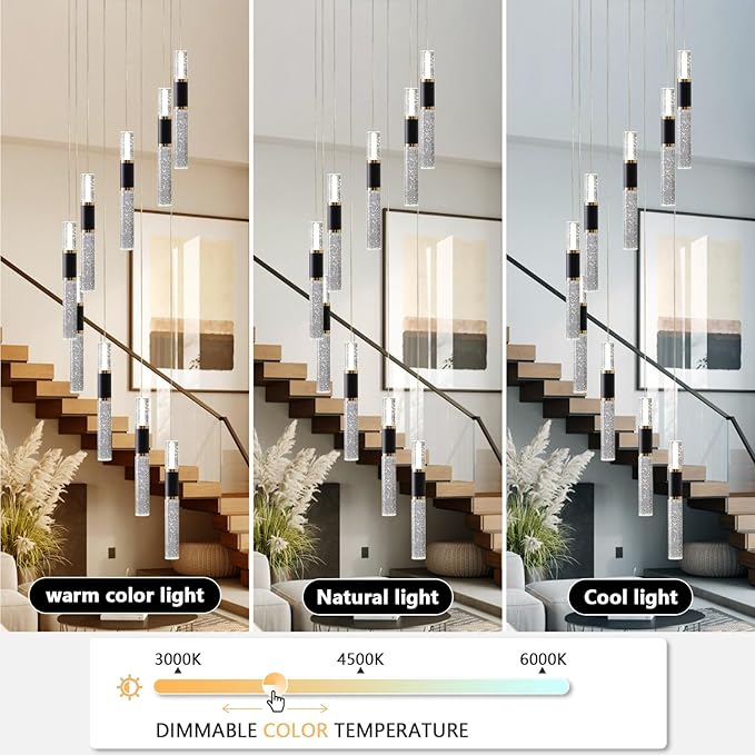 High Ceiling Chandelier Modern 9-Light Led Foyer Chandelier for Entryway Staircase with Remote Controller (3000K-6500K,10%-100% Brightness)