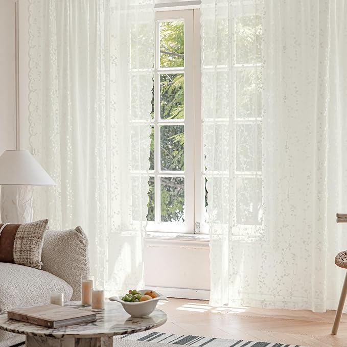 Ivory Lace Sheer Curtains – Vintage Branches Pattern Lace for Bedroom/Kitchen, Rustic Privacy Light Filtering Rod Pocket Drapes, Delicate Chic Window Treatments, 52W x 54L Inch, 2-Panel