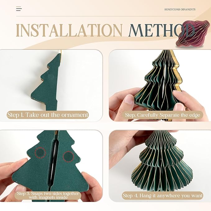 12Pcs Paper Honeycomb Christmas Tree Decorations, 3D Mini Glitter Edge Paper Honeycomb Lantern Ornaments for Vintage Neutral Christmas Party Home Decor Mixed
