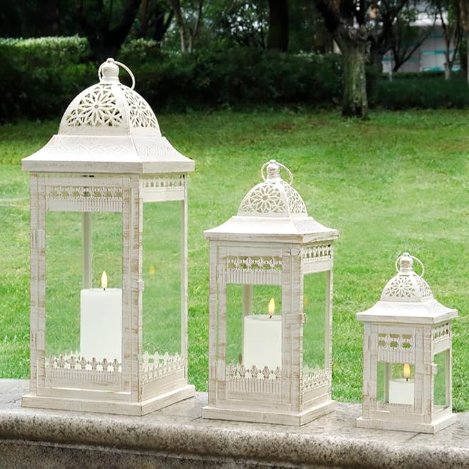JHY DESIGN Set of 3 Decorative Candle Lanterns 20"&14.5"&9.5" High Vintage Style Hanging Lantern, Metal Candleholder for Indoor Outdoor, Events, Parties and Weddings（Beige with Gold Brush）