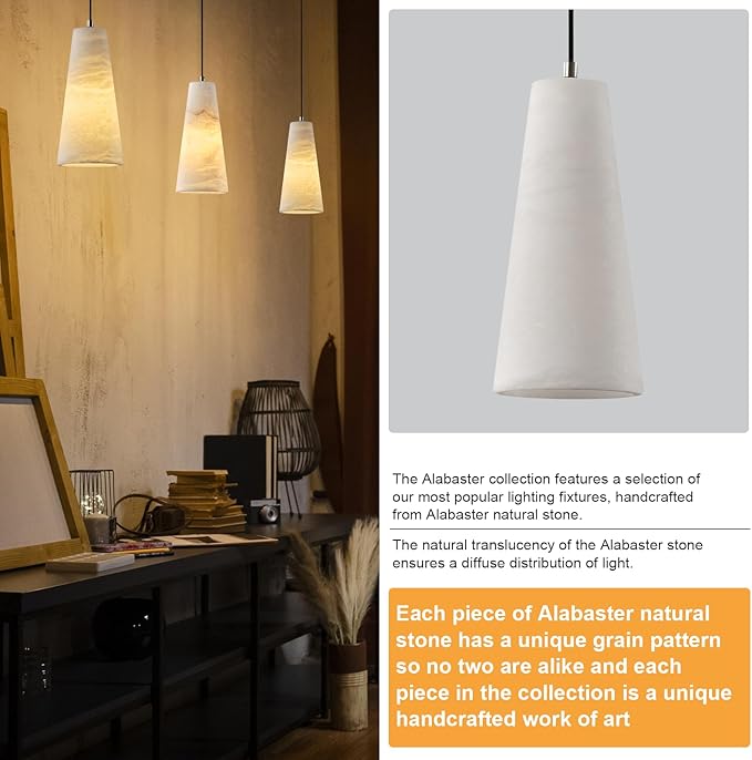 Alabaster Pendant Lights Kitchen Island,White Pendant Light, Marble Shade Black Cone Lighting Fixtures for Bedroom Bathroom Dining Room Living Room H-10in (Bulbs INCL)