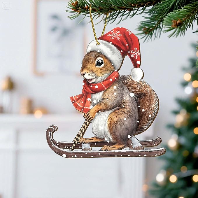 Snowboarding Squirrel Christmas Tree Keepsake Ornaments, Funny Squirrels Themed 2 Side Printed Flat Wooden Ornament, Xmas Hanging Decor