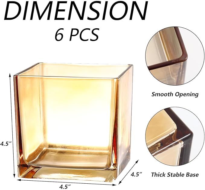 Square Amber Glass Vases Set of 6, 5" x 5" x 5" Flower Vases for Centerpieces, Square Vase for Centerpieces, Small Vase for Wedding, Party, Home Office Decoration