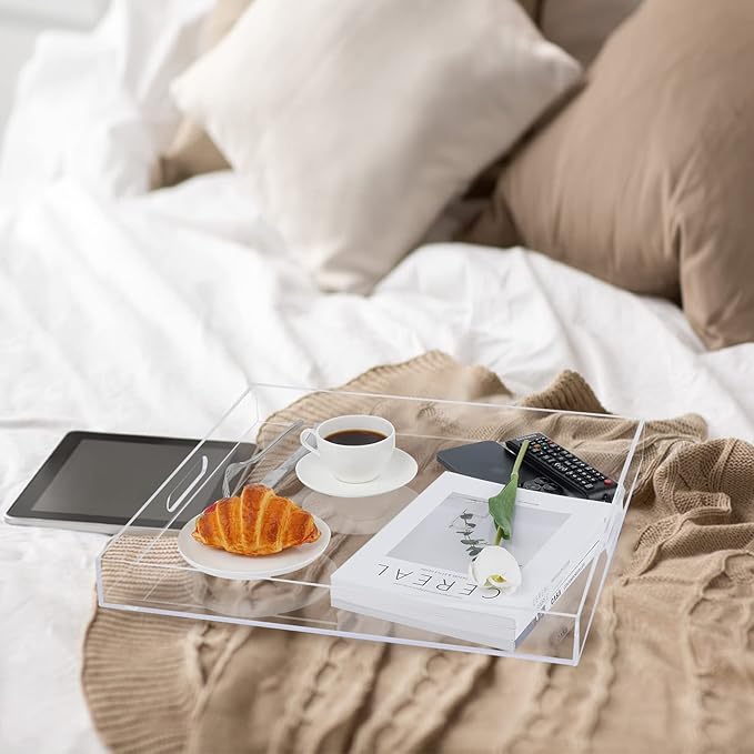 18×18 Inch Clear Acrylic Serving Tray with Handles Extra Large Ottoman Tray Decorative Tray Spill-Proof Coffee Table Space Saver Oversize Counter top Organizer Platter with Safe Edge