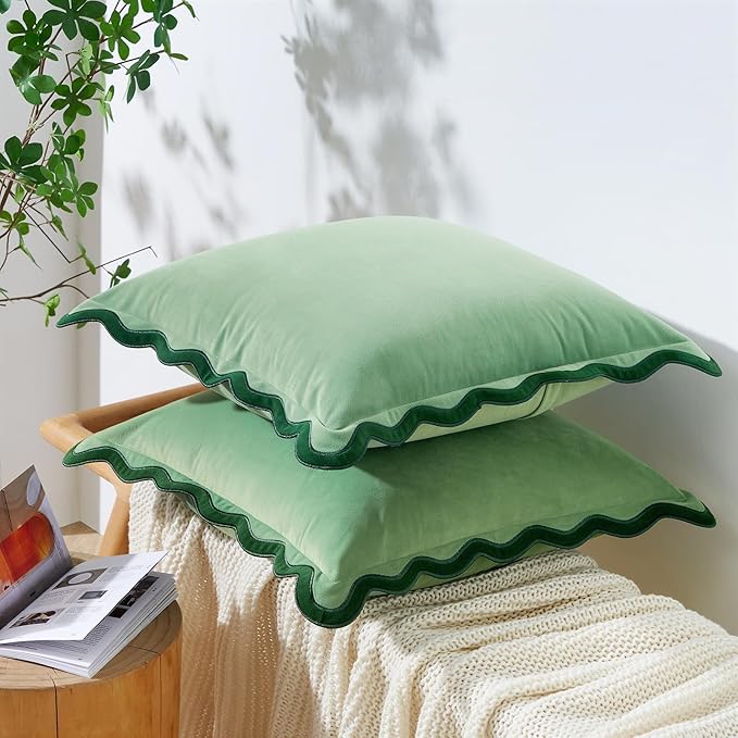MONDAY MOOSE Decorative Throw Pillow Covers Cushion Cases, Set of 2 Soft Velvet Scalloped Wavy Edge Designs, Mix and Match for Home Decor, Pillow Inserts Not Included (16x16 inch, Green/Light Green)