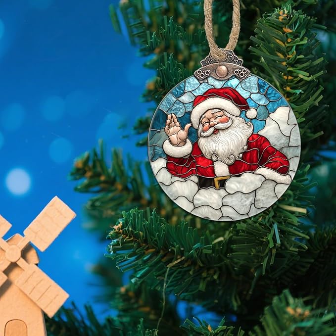 Stained Glass Christmas Decorations, Funny Santa Claus Suncatcher for Window Christmas Tree Hanging Ornaments White Clouds Sun Catcher Xmas Decor Gifts for Women Men Mom Nana Friend