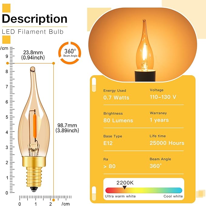 LED Vintage Candelabra Bulbs Night Lights E12 C22T Edison Candle Bulbs Filament Flame 7 Watt Equivalent LED Chandelier Light Bulbs Decorative Lights 2200K Warm Amber Glass, CRI 90+, Pack of 6
