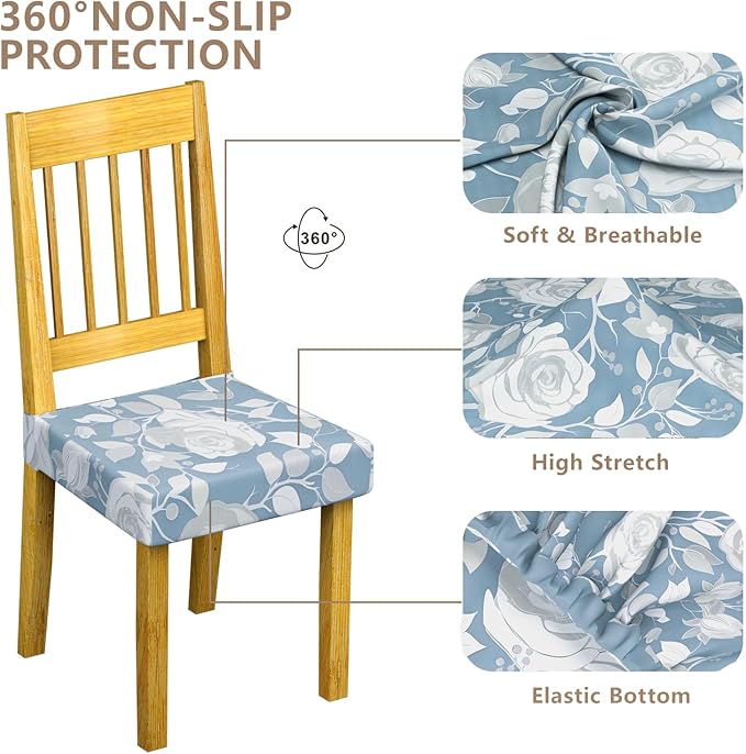 Stretch Dining Chair Seat Covers Set of 6,Dining Chair Slipcovers, Floral Printed Chair Covers,Soft Fabric Washable Upholstered Chair Seat Protector, No Rear Covers for Home Kitchen Dining Room