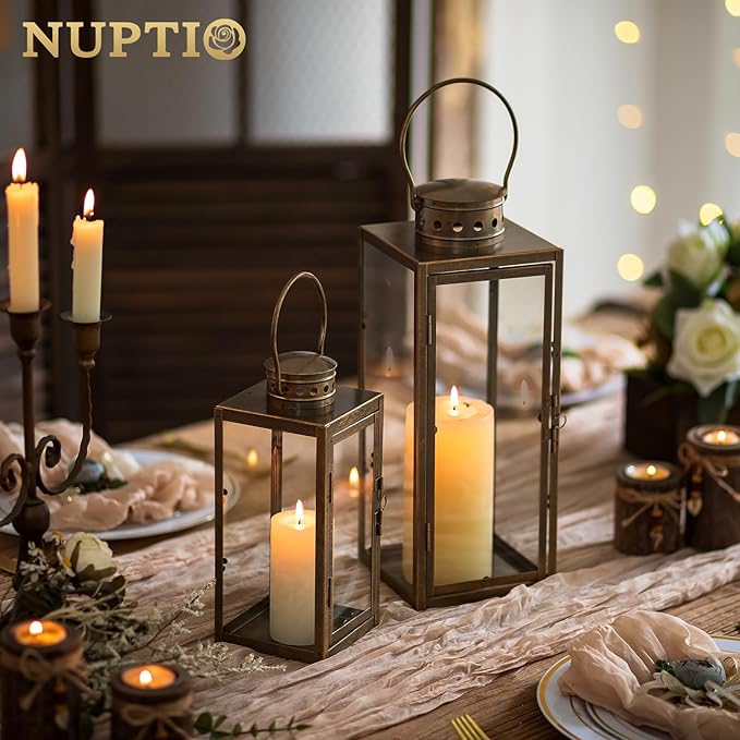 NUPTIO Large Lanterns Decorative Outdoor: 13.8 inches Tall Rustic Floor Metal Lantern with Glass - Vintage Gold Candle Holder for Wedding Christmas Fireplace Table Porch Door Garden
