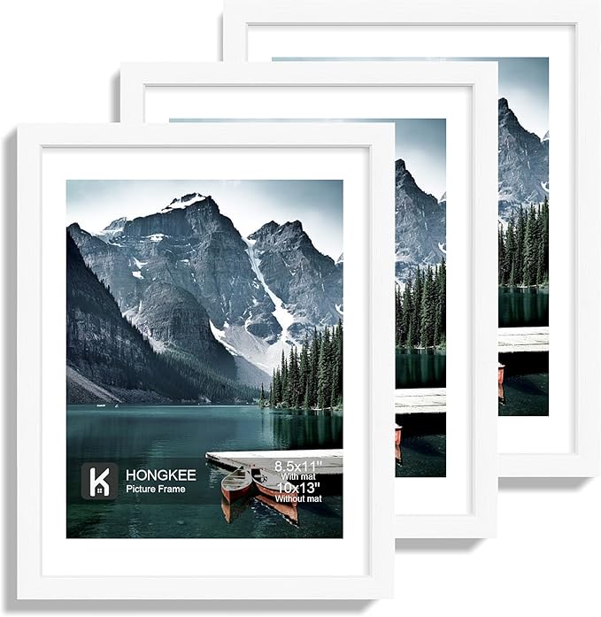 10x13 Picture Frames with Real Glass - Display 8.5x11 Diploma with Mat or 10 x 13 Photo without Mat, Wall or Table Top Display(White, 3 Pack)