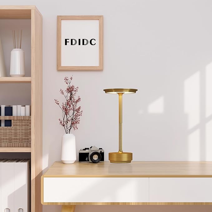 LED Rechargeable Cordless Table Lamp, Battery Operated Stepless Dimming Modern Portable Outdoor Table Light for Dining Restaurant Patio.(Brushed Gold)