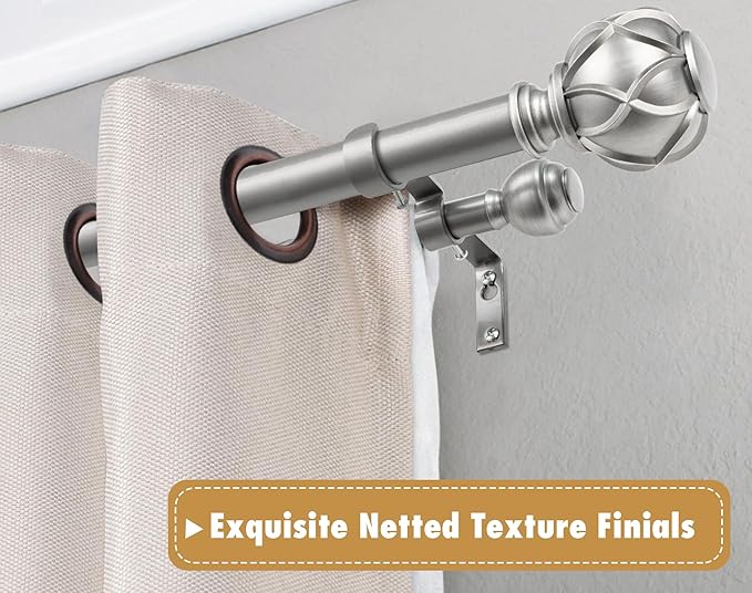 KAMANINA 1 Inch Double Curtain Rods for Windows 140 to 195 Inches (12-16 Feet), Silver Heavy Duty Double Curtain Rod, Telescoping Drapery Rod with Netted Texture Finials