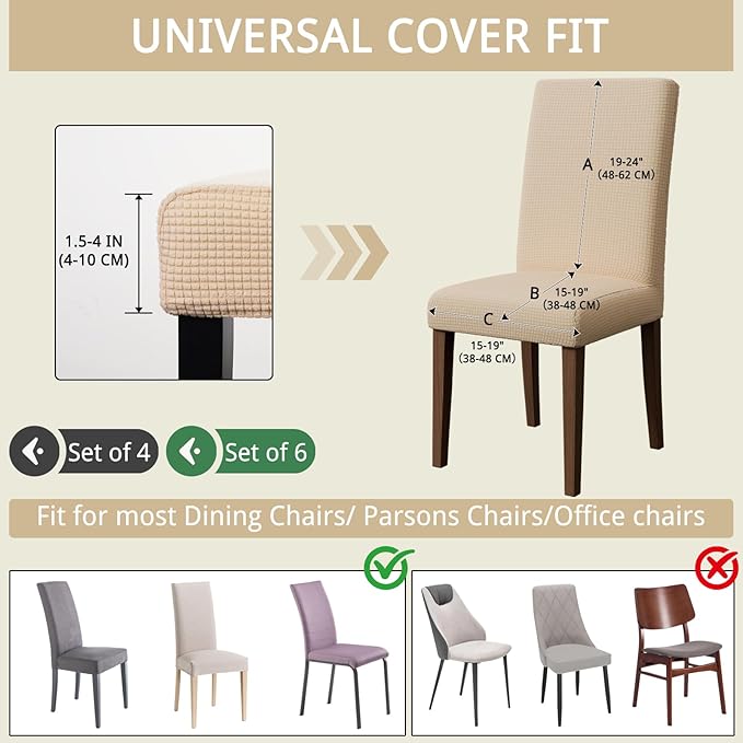 Chair Covers for Dining Room Set of 6, Washable Parson Chairs Slipcover Kitchen Seat Protector for Home, Party, Hotel, Banquet (Beige)