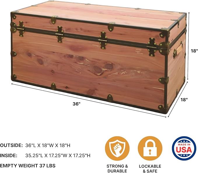 Rhino Trunk & Case Knotty Cedar Chest with Antique Brass Hardware – 36"x18"x18" XXL Storage Box, Coffee Table, End of Bed Trunk or Entryway Storage Bench Furniture – USA-Made, Heirloom Aesthetic