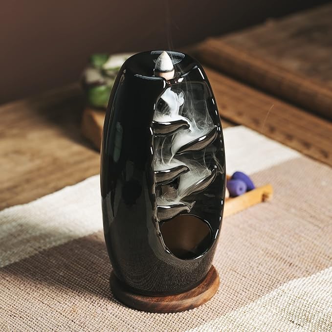 INONE Ceramic Incense Burner with 120 Cones, Waterfall Backflow Incense Holder, Aromatherapy Ornament, Zen Decor, Home Decor, Room Decor (Black)