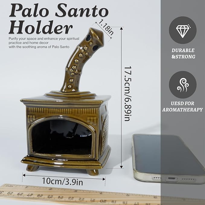 Handcrafted Dark Green Ceramic Palo Santo Holder & Incense Burner - Compact Meditation Accessory for Burning of Palo Santo Sticks & Cones - Zen-Inspired Home Decor Gift for Energy Cleansing