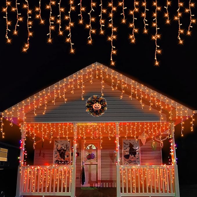 YEGUO 33ft 400 LED Orange Halloween Lights, Connetable Icicle Light Outdoor Waterproof, 8 Modes Christmas Lights Indoor Plug in for Thanksgiving House Patio Fall