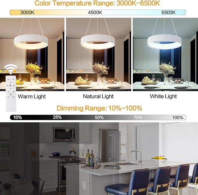 Modern LED Chandelier-18.5" White Dimmable Circular LED Pendant Light 1 Ring with Remote, Round Hanging Light for Kitchen Island, Dining Room, Living Room, Foyer, Entryway