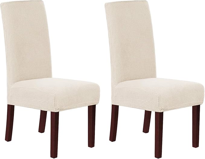 H.VERSAILTEX Stretch Dining Chair Covers Set of 2 Chair Covers for Dining Room Parsons Chair Slipcover Chair Protectors Covers Dining, Feature Textured Checked Jacquard Fabric, Natural