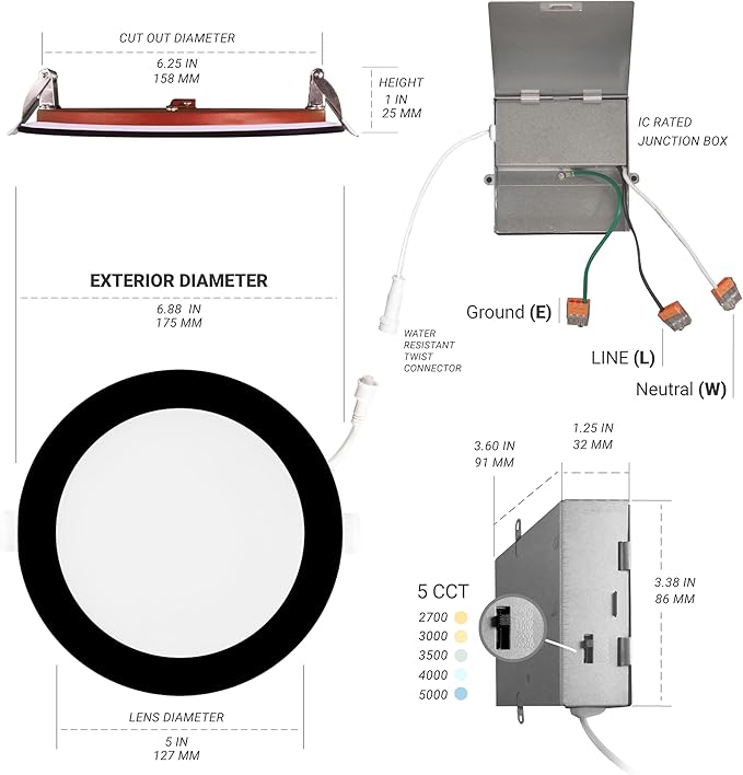 NUWATT 12 Pack Black 2 Hour 6" Fire Rated LED Recessed Lighting, 5CCT 27K/30K/35K/40K/50K, Wet & IC Rated Recessed Light, 15W, Dimmable 1200LM, 90CRI, 6 Inch Black Wafer Lights, No Tenmat Needed, ETL
