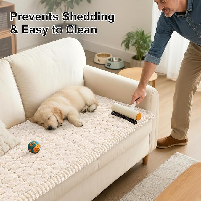 Smiry Pet Couch Cover for 3 Cushion Sofa, Non-Slip Fuzzy Couch Cover for Dogs Washable, Thick Soft Sofa Slipcovers Cushion Protector Pet Friendly (Cream, 27.6" x 27.6")
