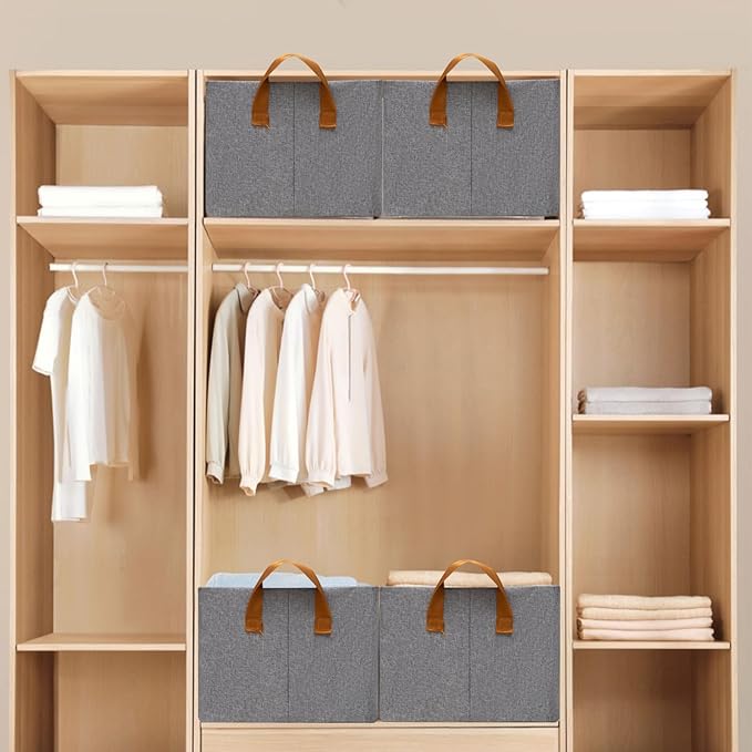 SNWDN 4 Pack Closet Cloth Storage Bins for Shelves,Large Storage Baskets for Shelves,Fabric Bins for Closet organization with Handles（Grey 17''L x 12''W x 10''H）
