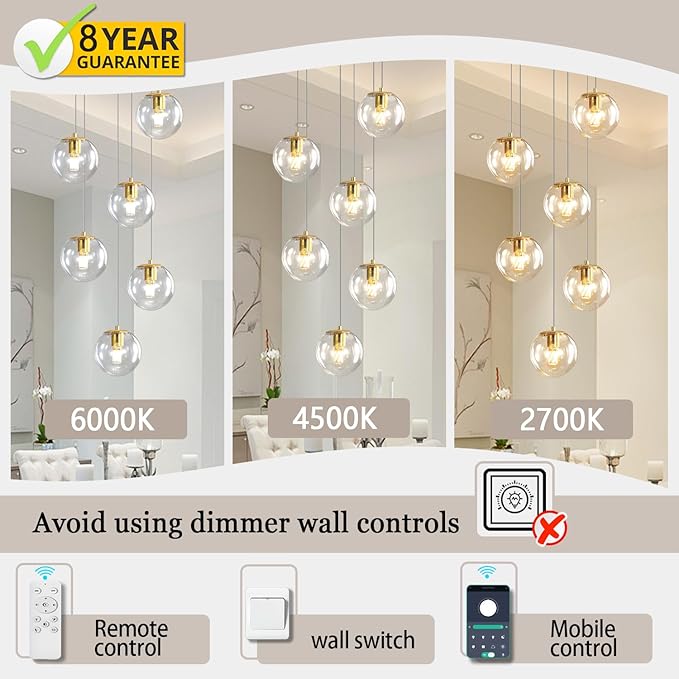 6-Light LED Staircase Modern Glass Globe Pendant Light Gold Chandeliers Large Chandeliers for High Ceilings, Entryway Lighting Fixture Villas and Stairs